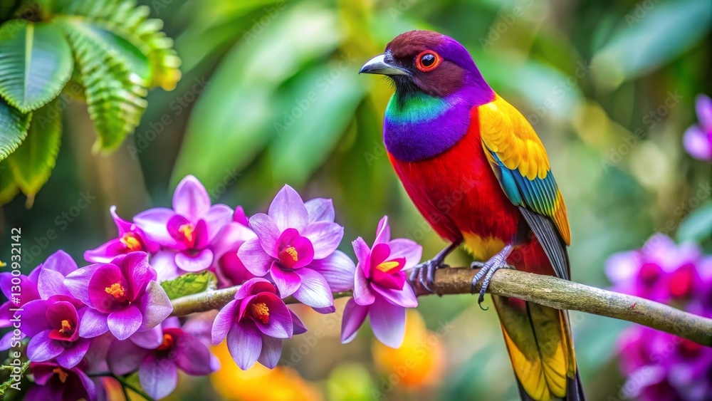 Obraz premium Vibrant Rainbow Bird Perched on Branch Amidst Delicate Purple Orchids in Lush Green Foliage