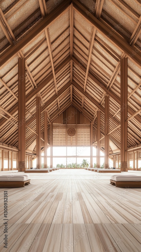 Spacious wooden hall, high ceiling, large windows. Spacious wooden hall, high ceiling, large windows.