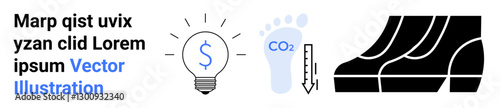 Light bulb with dollar sign, carbon footprint, and a transportation motif symbolize sustainability. Ideal for energy conservation, eco-awareness, climate change, efficiency, green living, technology