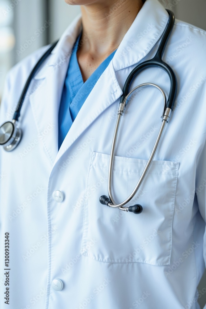 Professional Medical Doctor Coat with Stethoscope in Clinical Setting Professional Medical Doctor Coat with Stethoscope in Clinical Setting