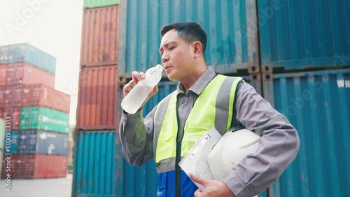 Industrial worker cooling off with water at a busy port, managing cargo operations under high temperatures while prioritizing workplace safety