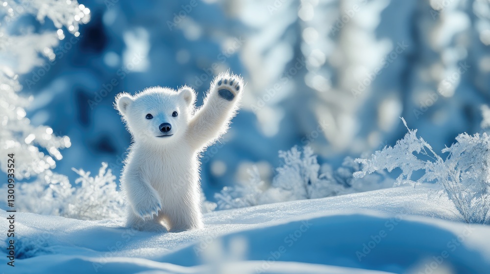 A cute polar bear cub is waving its paw at the camera, with a beautiful background of snow and ice in nature, providing ample space for text or graphics. A cute polar bear cub is waving its paw at the camera, with a beautiful background of snow and ice in nature, providing ample space for text or graphics.