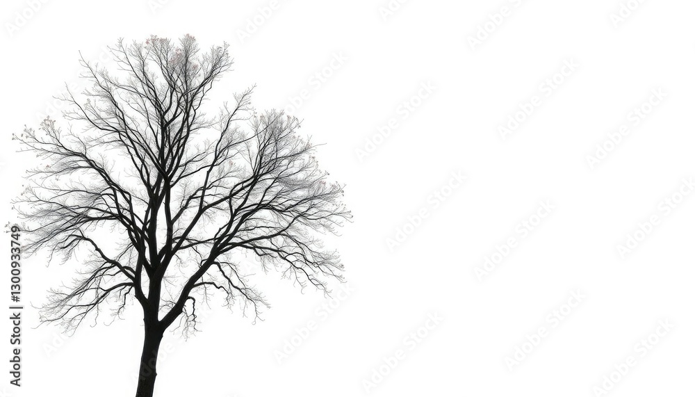 Fototapeta premium A lone deciduous tree, branches reaching skyward, against a pure white backdrop, nature, symbol