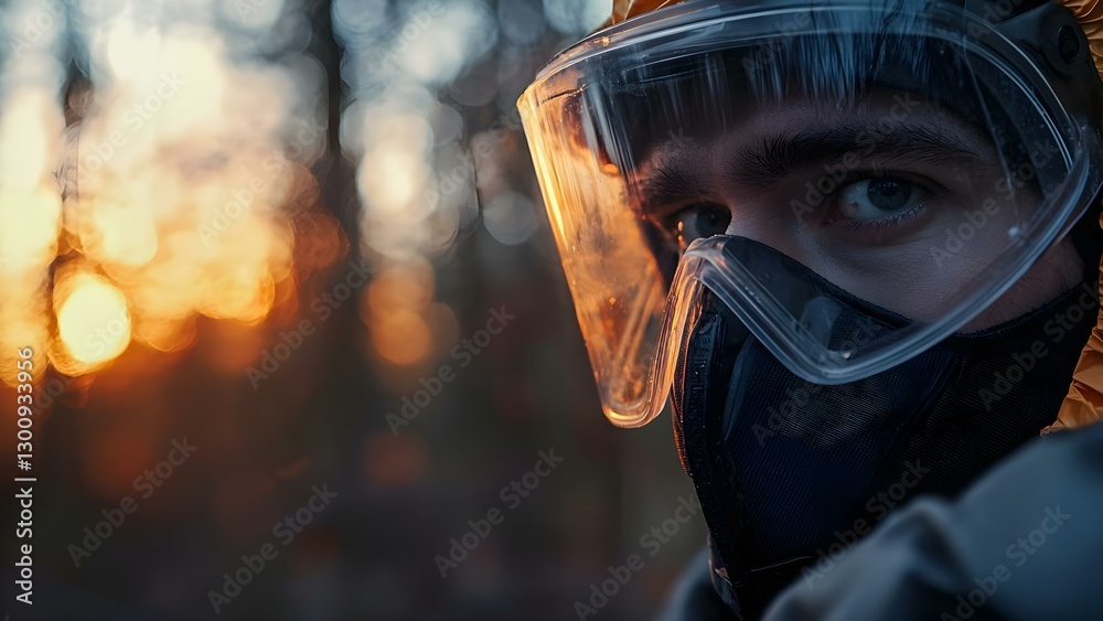 A close-up of a person wearing a protective mask and goggles, with a blurred sunset background. Concept Protective Gear, Close-Up Photography, Blurred Sunset, Personal Safety, Contrast of Light A close-up of a person wearing a protective mask and goggles, with a blurred sunset background. Concept Protective Gear, Close-Up Photography, Blurred Sunset, Personal Safety, Contrast of Light
