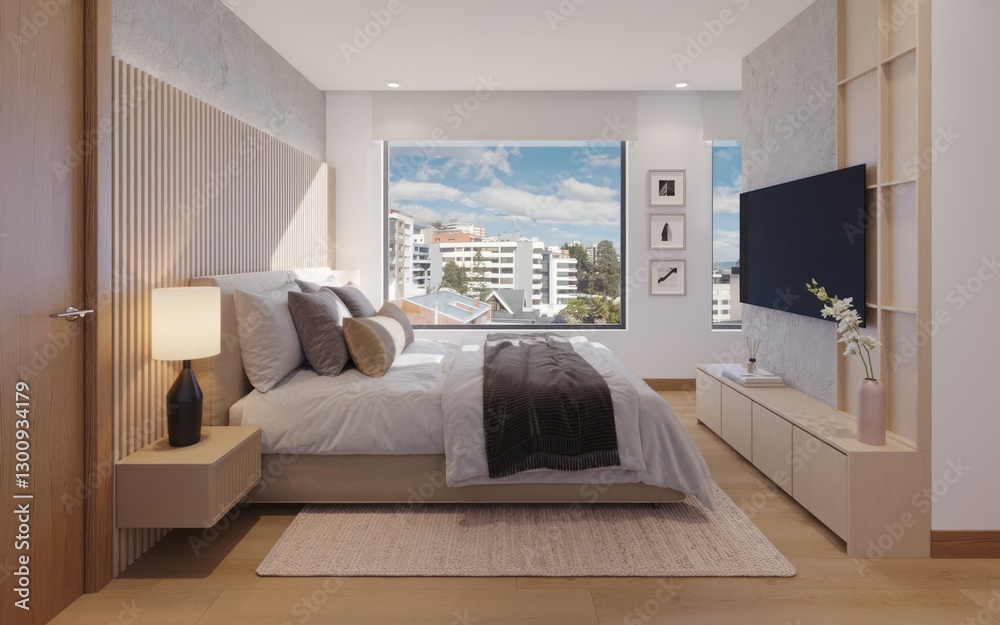 Fototapeta premium Dormitorio acogedor en madera con vista a la ciudad, 3d render