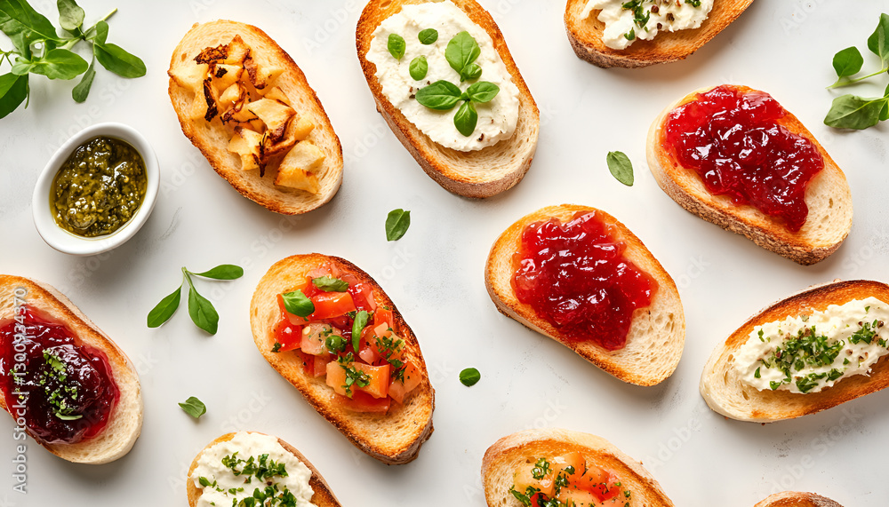 Delicious toasts with jam on light table, top view Delicious toasts with jam on light table, top view