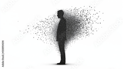 Dispersing Silhouette: A solitary silhouette of a person stands poised against an evolving backdrop, with particles breaking away from its form.