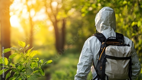 A person in a white jacket with a backpack walking in a forest during sunset, surrounded by lush greenery. Concept Forest Adventure, Sunset Photography, Nature Exploration, Lush Greenery