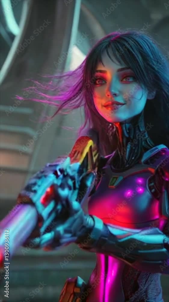 Beautiful droid soldier assassin girl. Her beauty and flashing lights get people's attention. She seems approachable. and when they approach her, she shoots them with a deadly smile.