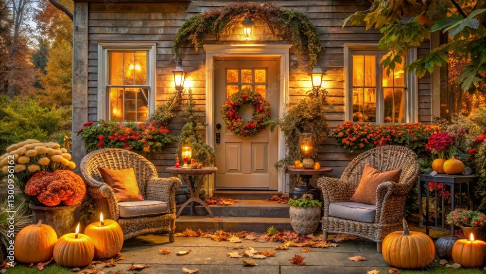Obraz premium Autumnal Porch Decor Cozy wicker chairs, glowing pumpkins, and vibrant fall foliage create a warm and inviting atmosphere on this charming house's porch.