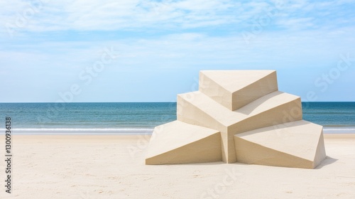 Sand castle on the ocean beach Concept, Minimalist Sand Sculpture Forming Geometric Patterns on a Tranquil Beach with Calm Blue Water photo