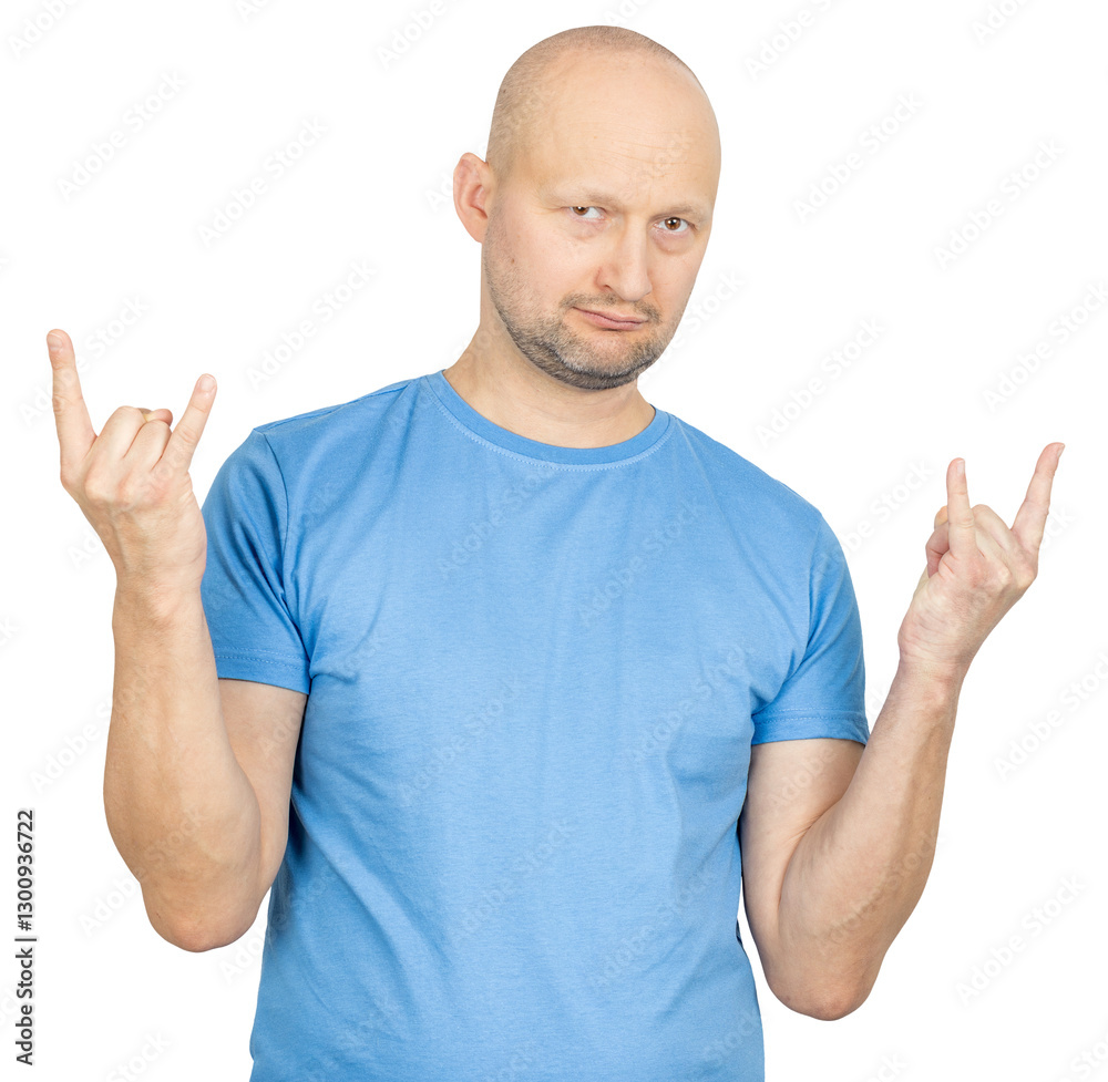 Bald man showing rock and roll hand gesture on white background