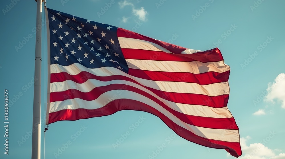 Obraz premium American Flag Waving Proudly Against a Blue Sky, USA Flag Flying in the Wind on a Sunny Day, Patriotic Symbol of Freedom and National Pride, United States Flag Fluttering with Strength and Honor