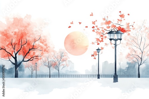 A dreamy watercolor illustration of a serene park with solar-powered streetlights glowing softly as the sun sets photo