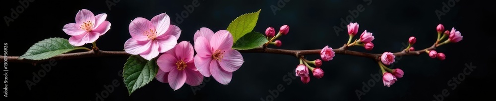 Fresh hydrangea blooms in full branch on black background, spring, branch, darkbackground Fresh hydrangea blooms in full branch on black background, spring, branch, darkbackground