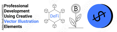 Blockchain hexagon network, cryptocurrency coin on plant stem, dollar sign icon. Ideal for fintech, innovation, blockchain, cryptocurrency, sustainability, decentralized finance flat landing page