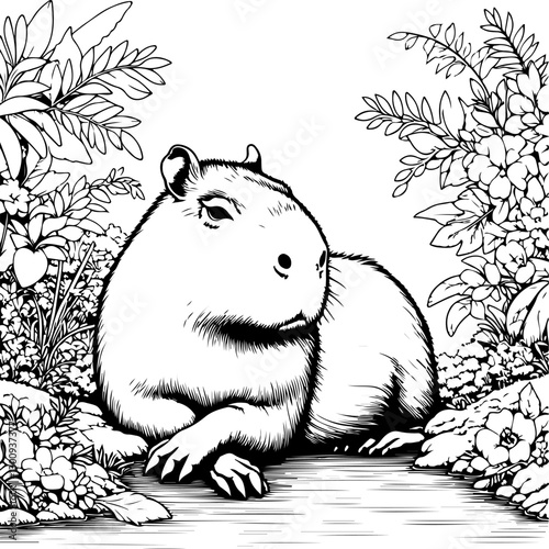 Capybara Coloring Page For Kids, Line Art, Vector