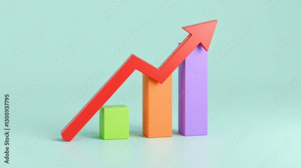Colorful 3D Business Growth Chart with Rising Arrow on Pastel Background Colorful 3D Business Growth Chart with Rising Arrow on Pastel Background