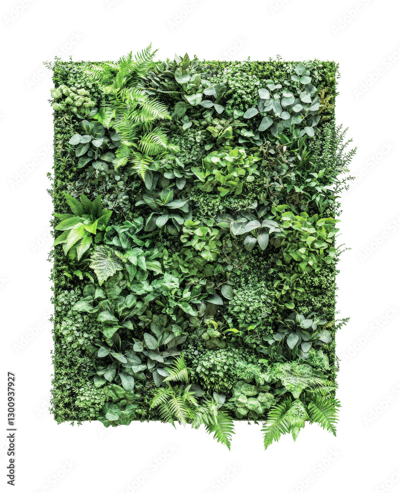 Obraz premium Lush green vertical garden featuring a variety of plants for interior design and decor purposes in modern settings, cut out
