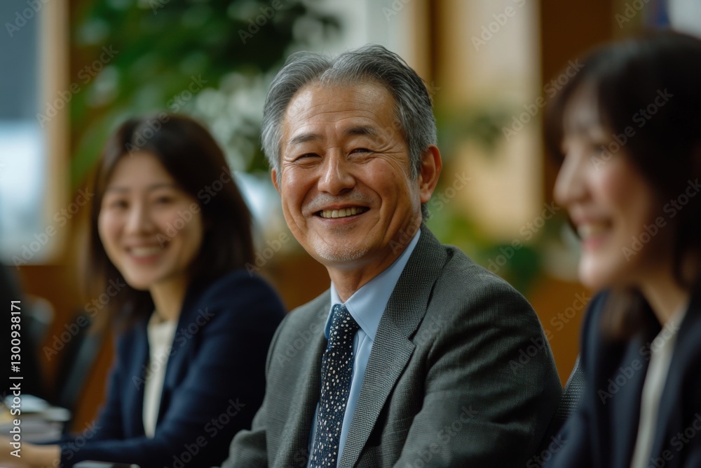 Smiling people at meeting. Man in suit. Business colleagues smiling. Happy faces in office. Group is in discussion. Teamwork is key. Smiling people at meeting. Man in suit. Business colleagues smiling. Happy faces in office. Group is in discussion. Teamwork is key.