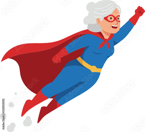 Senior female superhero in a blue and red costume soaring through the sky with determination in a vibrant flat vector illustration