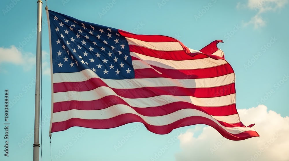 Fototapeta premium American Flag Waving Proudly Against a Blue Sky, USA Flag Flying in the Wind on a Sunny Day, Patriotic Symbol of Freedom and National Pride, United States Flag Fluttering with Strength and Honor