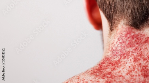 A close-up of a person's back covered in severe allergic hives, showing red, inflamed, and swollen skin