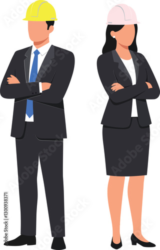 Professional man and woman in business attire with hard hats, showcasing teamwork and collaboration in a flat vector illustration