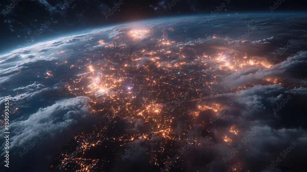 Fototapeta premium View of Earth from space showcasing city lights and cloud coverage during nighttime