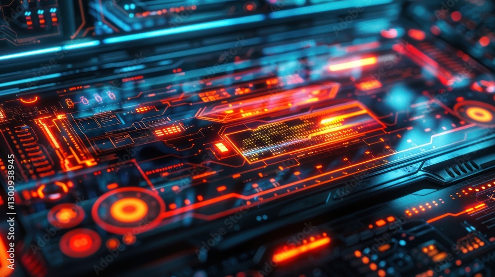 Futuristic digital interface with glowing orange and blue lines.