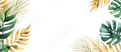 Elegant Tropical Leaf Arrangement with Golden Accents on White Background