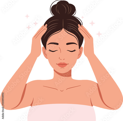 A woman enjoying a relaxing spa moment while gently massaging her head in a minimal flat design vector illustration