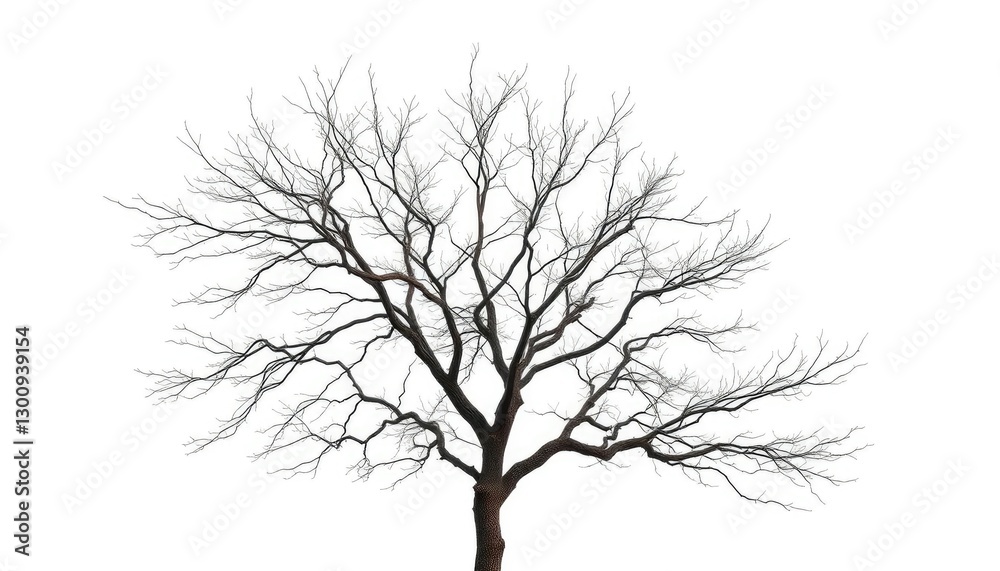 Obraz premium Lone deciduous tree, stark branches against pure white, graphic, trunk