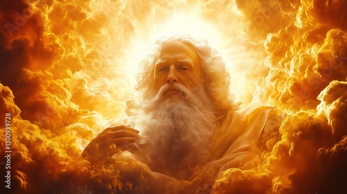 God looking down from the heavens, surrounded by golden clouds