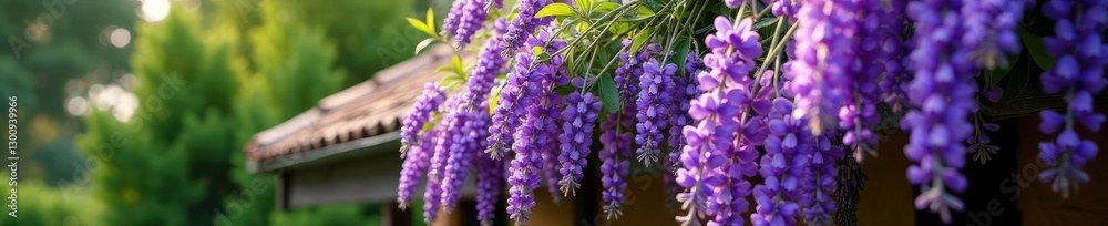 Lush purple bunches of lavender cascade down from the roof, swaying gently in the breeze, Botanicals, Garden Decor, Nature Lush purple bunches of lavender cascade down from the roof, swaying gently in the breeze, Botanicals, Garden Decor, Nature