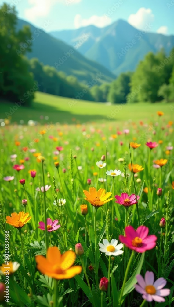 Fototapeta premium lush meadow filled with tall grasses and colorful flowers, landscape, flowers
