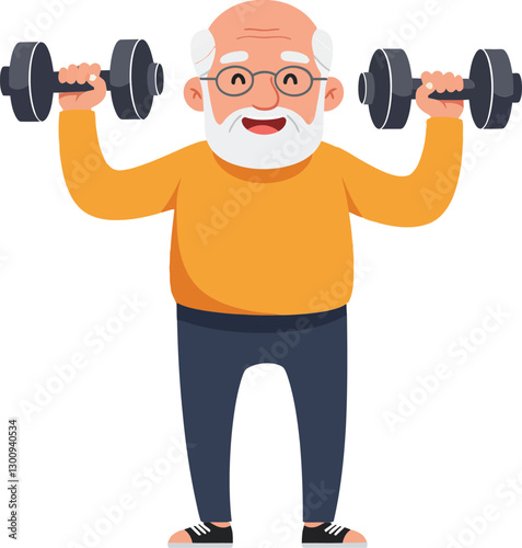 Cheerful elderly man lifting dumbbells in vibrant orange shirt and black pants showcasing strength and vitality in a flat vector illustration