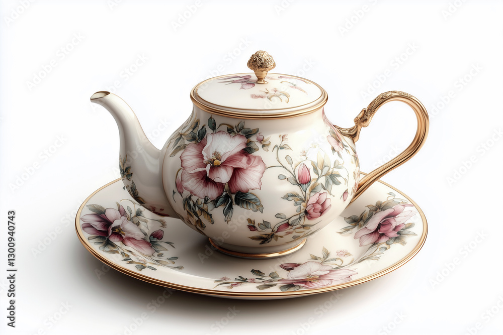 a tea pot and saucer with a flowered design on it, on a saucer plate, on a white background a tea pot and saucer with a flowered design on it, on a saucer plate, on a white background