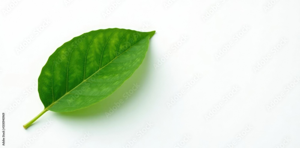 Fototapeta premium Single coffee leaf against a bright white backdrop, leaf, botanical, white