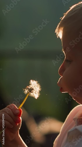 Kid breathes in and blows dandelion in sunset park. Funny little boy opens mouth to fill lungs with air and blow wildflower seeds at rural site