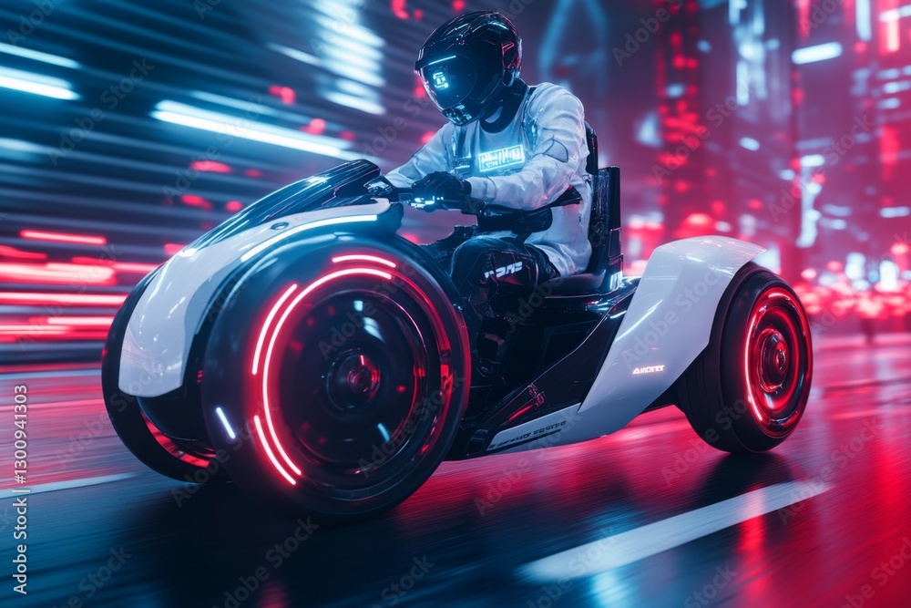 A futuristic powered wheelchair equipped with holographic controls and self-driving capabilities, navigating a smart cityscape A futuristic powered wheelchair equipped with holographic controls and self-driving capabilities, navigating a smart cityscape