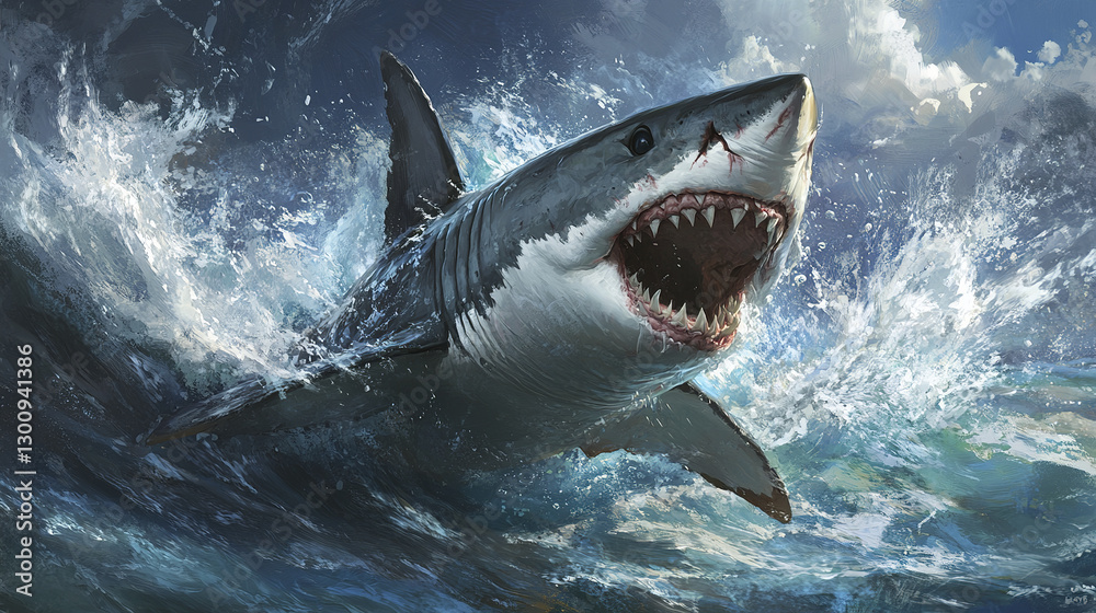 Naklejka premium great white shark mid attack, showcasing its powerful jaws