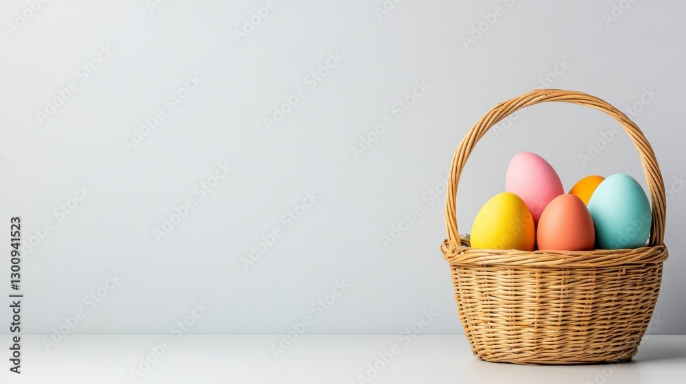 Fototapeta premium Pastel Easter Eggs in Wicker Basket on White Background
