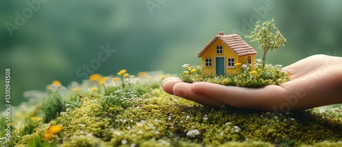 Sustainable development idea, a protective hand holds a tiny ecohouse on a vibrant grass patch with small plants, symbolizing green architecture and environmental responsibility photo