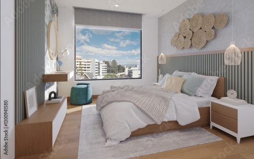 Dormitorio de niña acogedor con colores pasteles y vista a la ciudad, 3d render