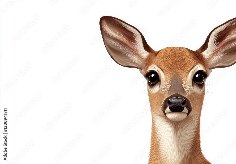 Fototapeta premium Closeup Portrait of a Young Brown Deer with Large Ears Against a White Background