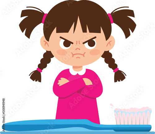 A young girl with pigtails expressing annoyance while standing by a toothbrush and toothpaste in a playful flat vector illustration