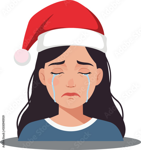 A sad girl with tears wearing a red Christmas hat and blue shirt in flat vector art showcasing emotions during the holiday season