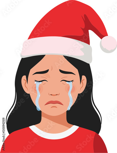 Sad girl wearing a red Christmas hat with tears streaming down her face in a minimal flat design vector illustration