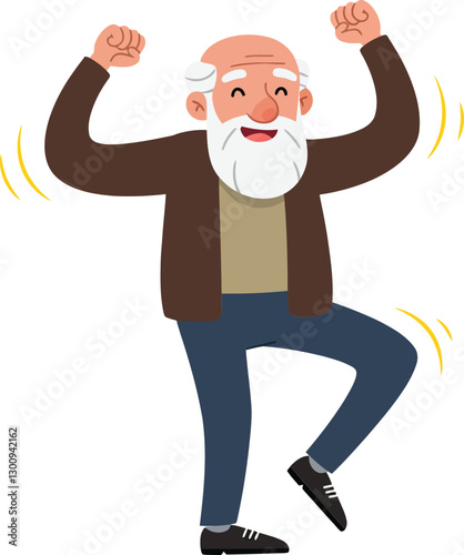 Happy elderly man dancing joyfully in a flat design style with cheerful expressions and animated movements, showcasing vibrant colors in this engaging vector illustration